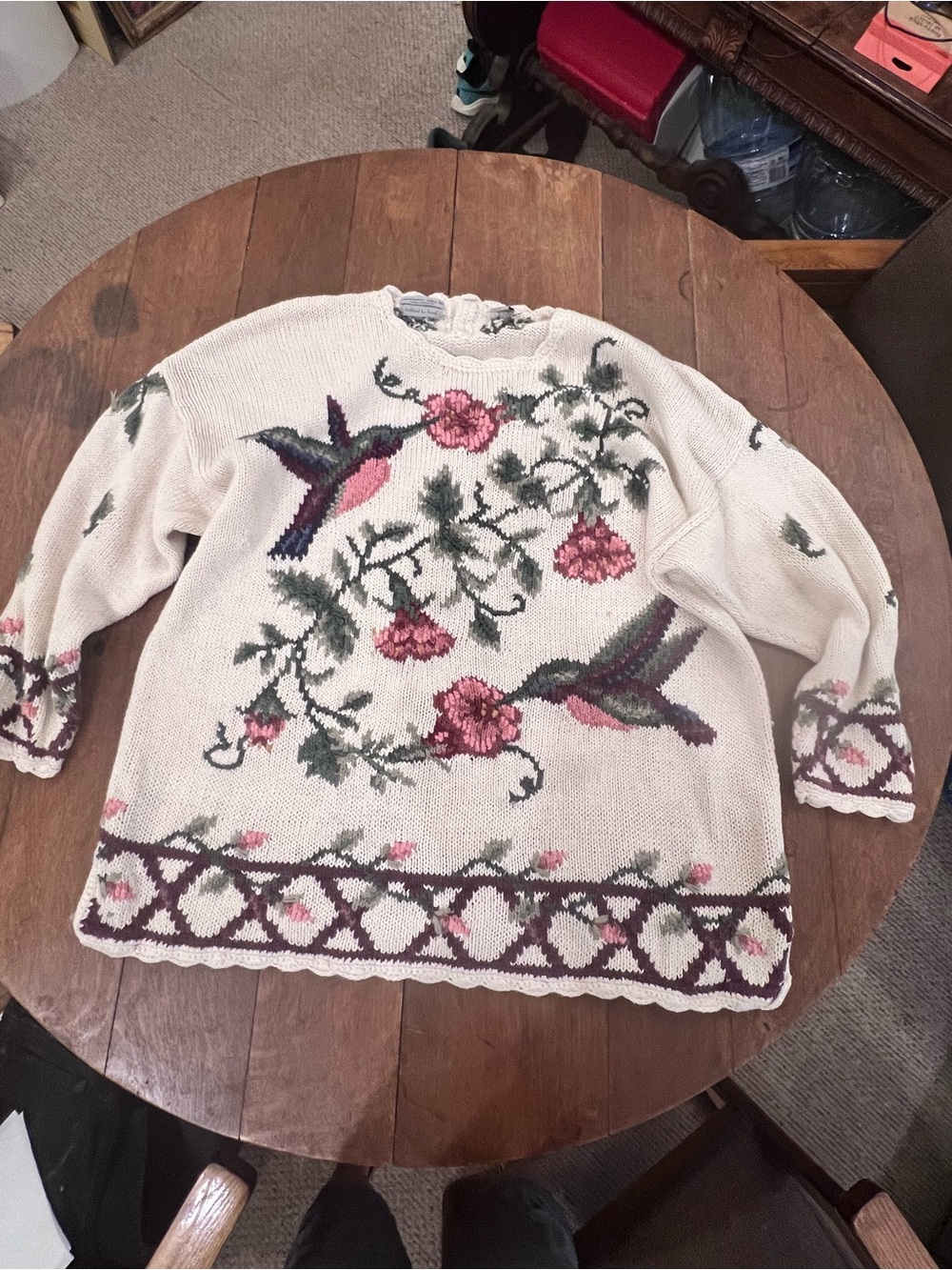 Vintage Northern Isle Hand Knit Heavy Cottagecore Sweater Hummingbird & Floral
